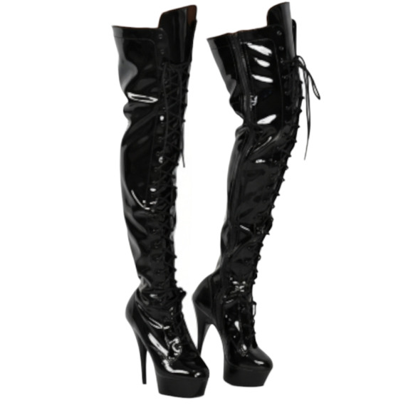 Pleaser Delight 3023 Platform Stiletto Boots Black Patent Thigh High OTK Heels 8 - Picture 7 of 14